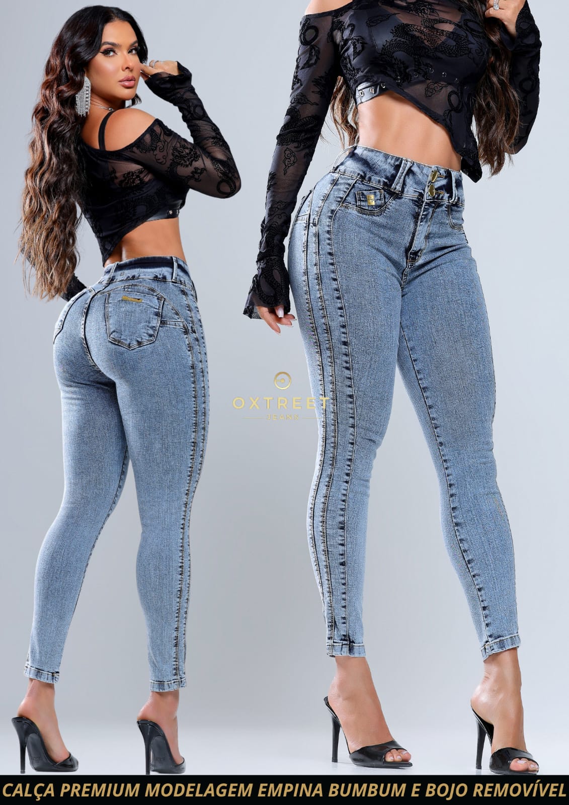Calça Oxtreet Jeans Premium, Com Bojo Removível, Empina Bumbum Original, Detalhe Lateral
